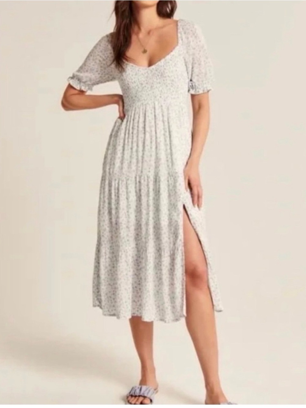 Abercrombie & Fitch White Floral Square-Neck Midi Dress with Side Slit